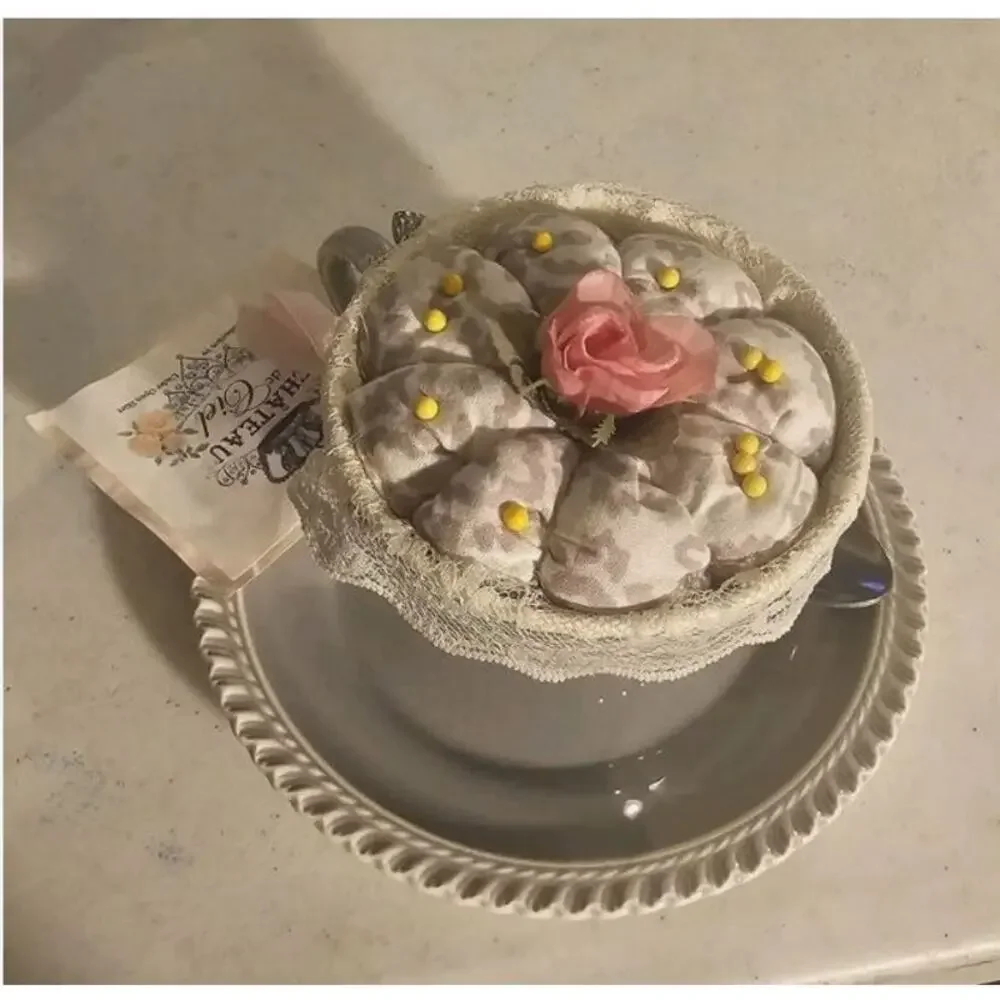 Pin Cushion Tea Cup Saucer Harkerware USA Spoon Rose Handmade Moroccan Pattern